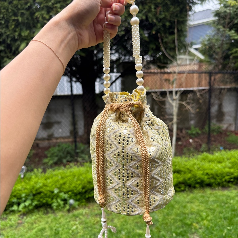Elegant Gold Beaded Drawstring Potli Bag